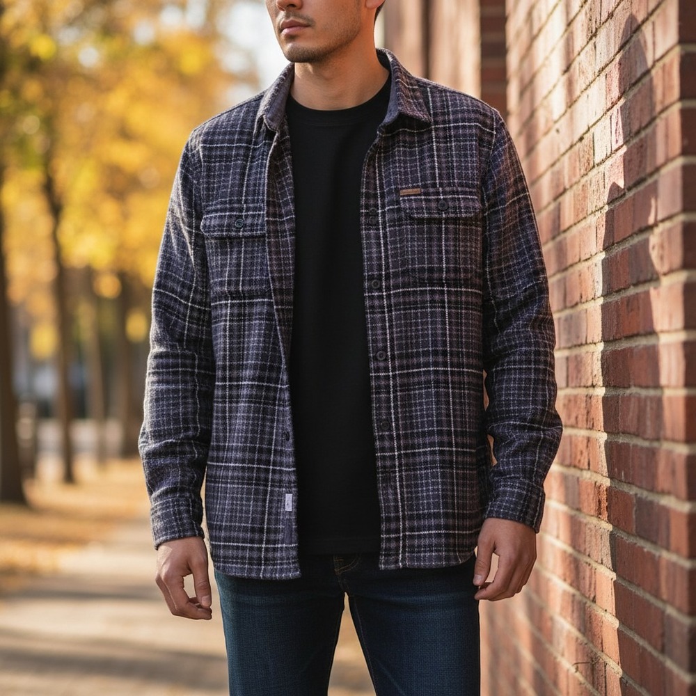 Orvis Mens XL Grey Black Plaid Heavyweight Shirt‎ Button Down Shacket Pockets